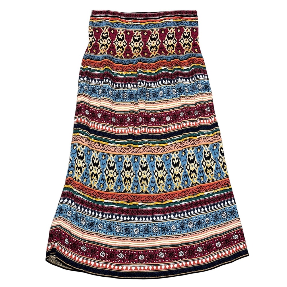 Peruvian Connection L Knit Maxi Skirt Multicolor Tribal Ikat Print Boho